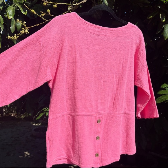 PRETTY BY EZZEWEAR pink gauze cotton boat neck long 3/4 sleeve boxy lagenlook - Picture 5 of 7